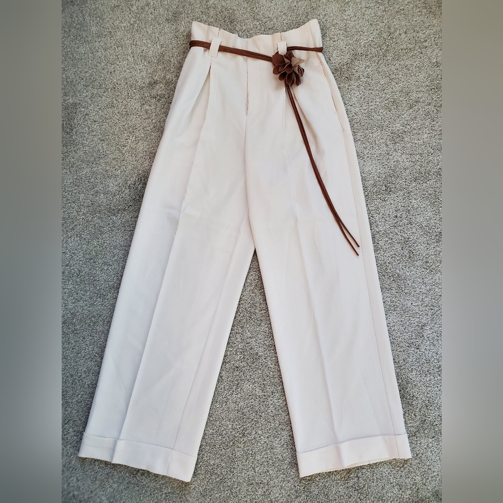 Cream High Waisted Wide-Leg Flowy Trouser Pants Paperbag Waist Brown Floral Belt